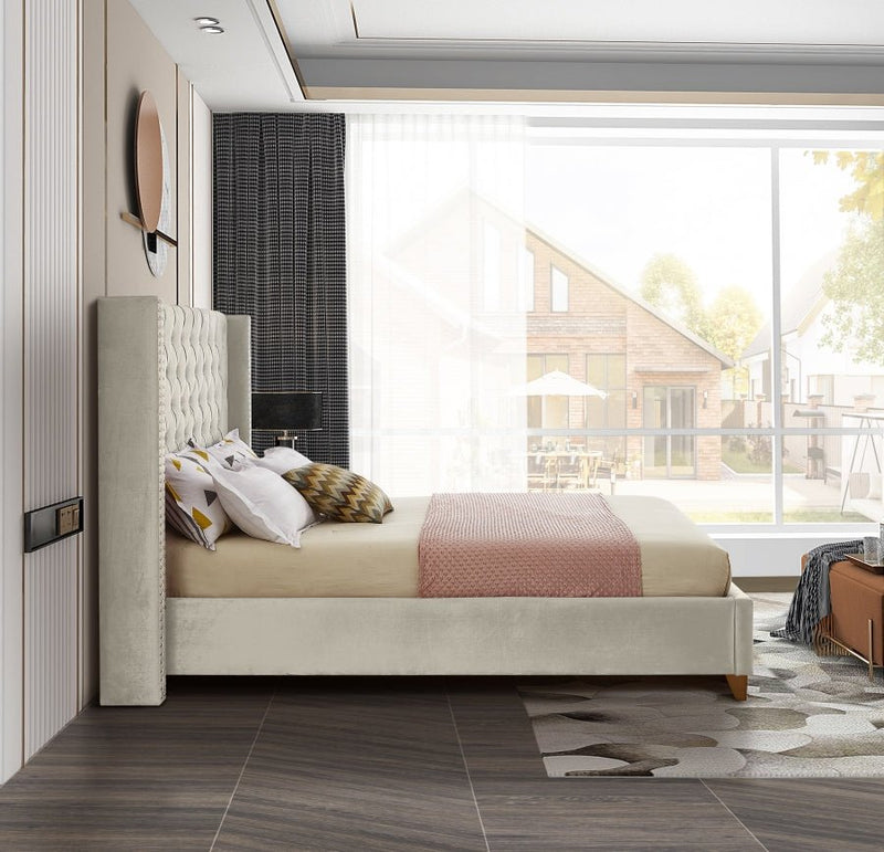 Barolo Velvet Queen Bed Cream - Gate FurnitureQueen Bed