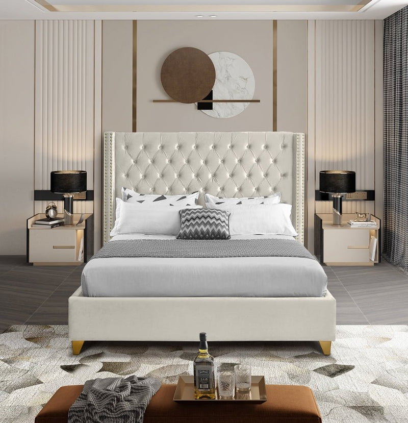 Barolo Velvet Queen Bed Cream - Gate FurnitureQueen Bed