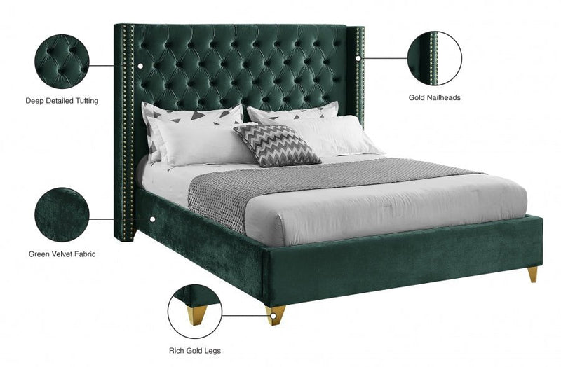 Barolo Velvet Queen Bed Green - Gate FurnitureQueen Bed