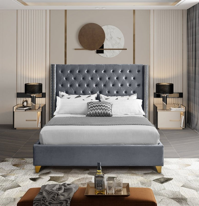 Barolo Velvet Queen Bed Grey - Gate FurnitureQueen Bed