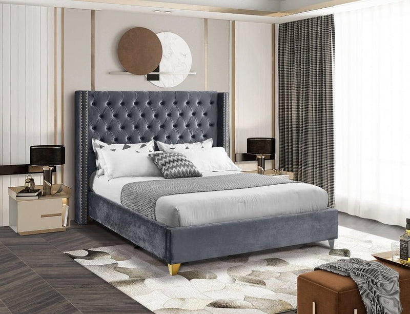 Barolo Velvet Queen Bed Grey - Gate FurnitureQueen Bed