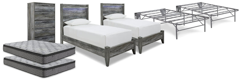 Baystorm Gray 2 Twin Panel Beds, 2 Mattresses, 2 Foundations, and Chest - B221B45