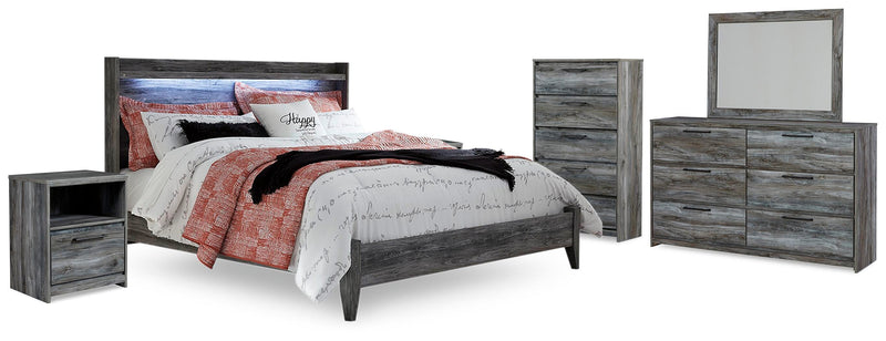 Baystorm Gray King Panel Bed, Dresser, Mirror, Chest and 2 Nightstands - B221B53