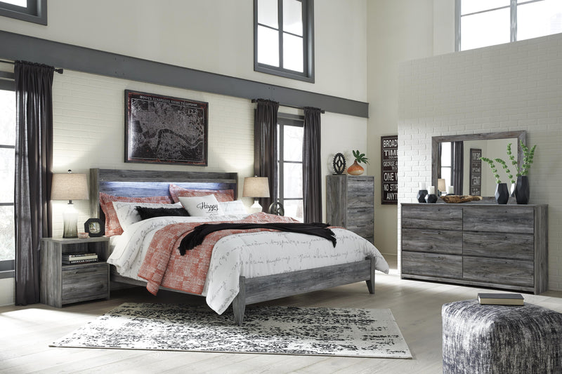 Baystorm Gray King Panel Bed, Dresser, Mirror, Chest and 2 Nightstands - B221B53