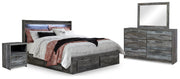 Baystorm Gray King Panel Bed with Storage, Dresser, Mirror and 2 Nightstands - B221B72