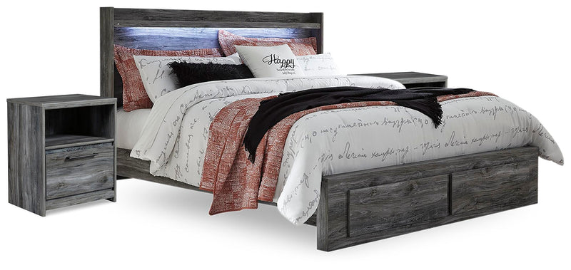 Baystorm Gray King Panel Storage Bed and 2 Nightstands - B221B55
