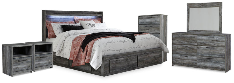 Baystorm Gray King Storage Bed, Dresser, Mirror, Chest and 2 Nightstands - B221B86