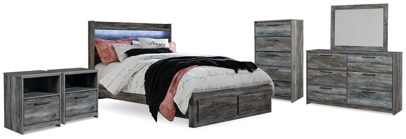 Baystorm Gray Queen Panel Storage Bed, Dresser, Mirror, Chest and 2 Nightstands - B221B57