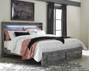 Baystorm King Panel Bed with 2 Storage Drawers with Mirrored Dresser, and Nightstand in Gray - PKG014039