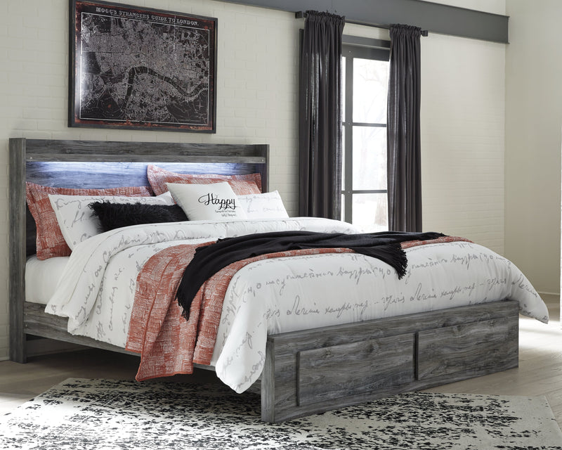 Baystorm King Panel Bed with 2 Storage Drawers with Mirrored Dresser, and Nightstand in Gray - PKG014039
