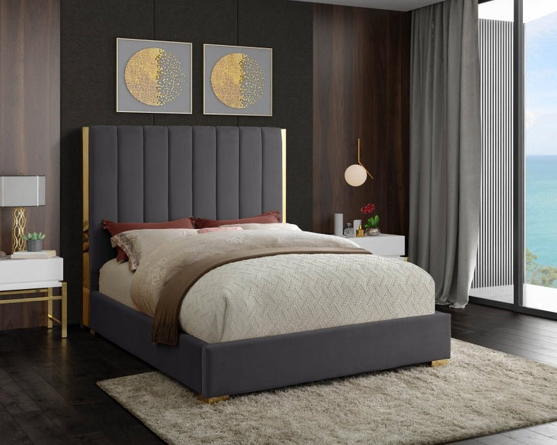 Becca Velvet Queen Bed Grey - Gate FurnitureQueen Bed