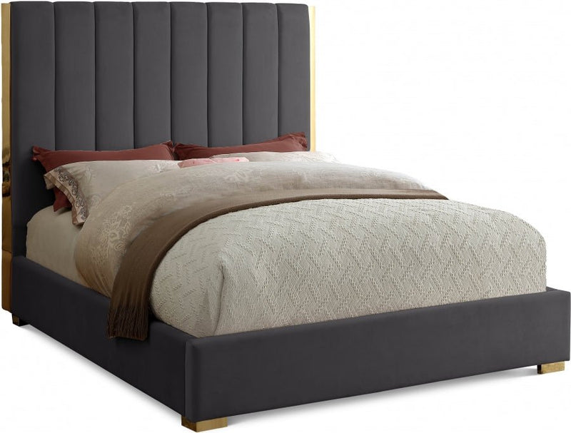 Becca Velvet Queen Bed Grey - Gate FurnitureQueen Bed