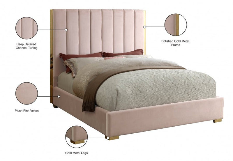 Becca Velvet Queen Bed Pink - Gate FurnitureQueen Bed
