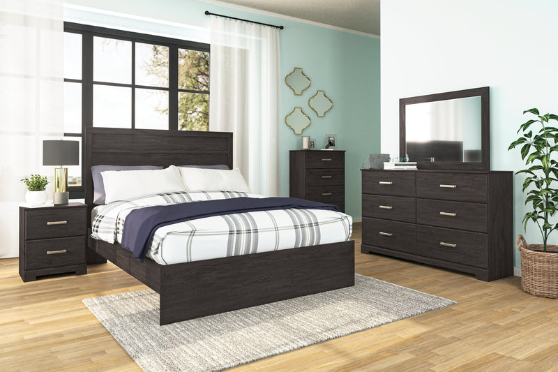 Belachime Queen Panel Bed with Mirrored Dresser and 2 Nightstands in Charcoal - PKG018394