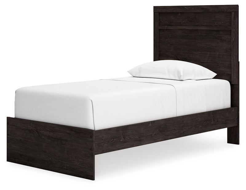 Belachime Twin Panel Bed with Mirrored Dresser, Chest and 2 Nightstands in Charcoal - PKG015999