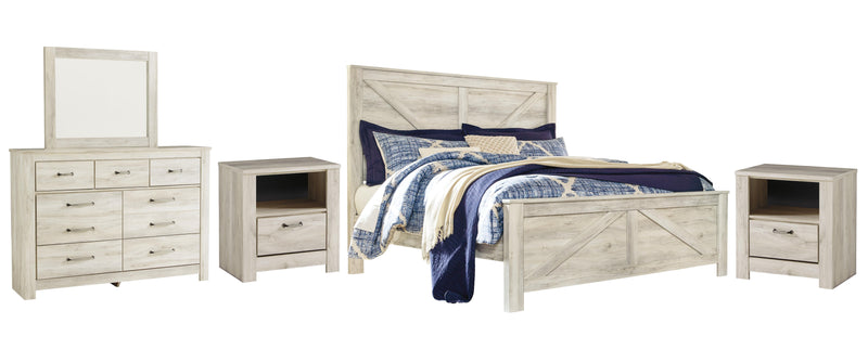 Bellaby King Crossbuck Panel Bed with Mirrored Dresser and 2 Nightstands in Whitewash - PKG004700