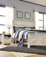 Bellaby King Crossbuck Panel Bed with Mirrored Dresser and 2 Nightstands in Whitewash - PKG004700