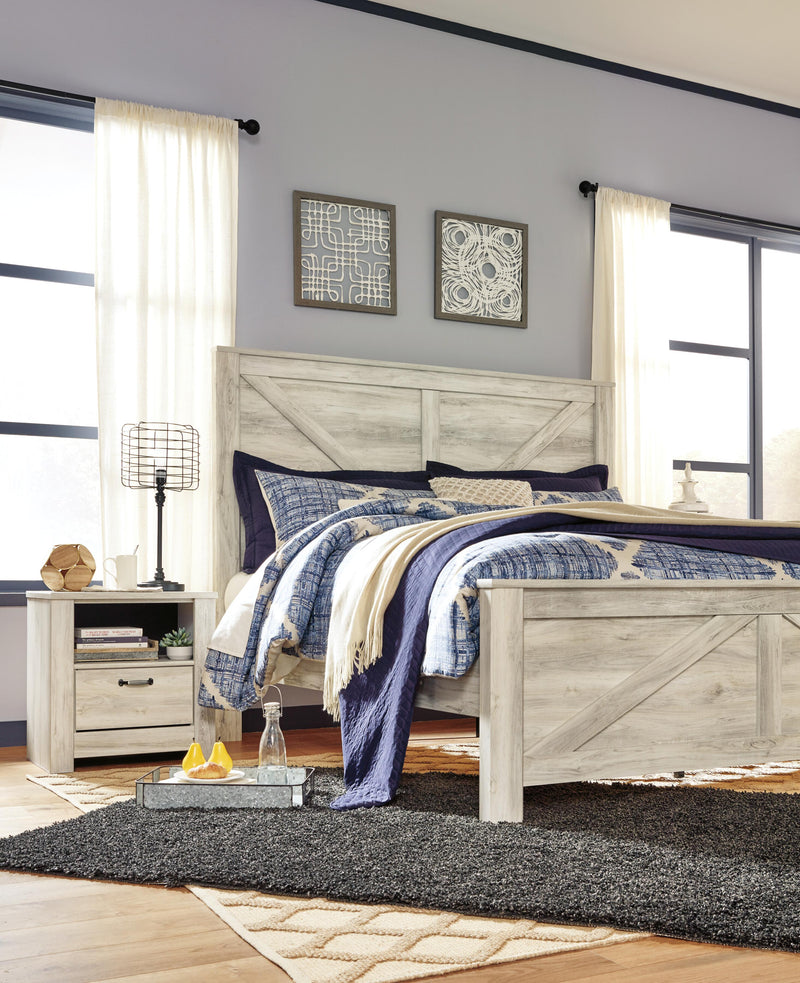 Bellaby King Crossbuck Panel Bed with Mirrored Dresser and 2 Nightstands in Whitewash - PKG004700