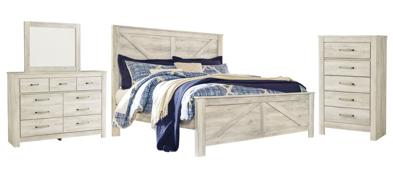 Bellaby King Crossbuck Panel Bed with Mirrored Dresser and Chest in Whitewash - PKG004703