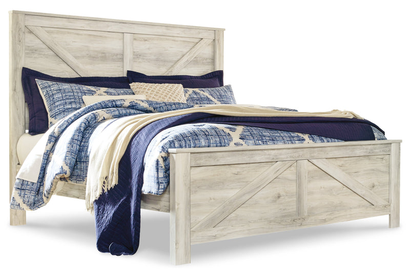 Bellaby King Crossbuck Panel Bed with Mirrored Dresser, Chest and Nightstand in Whitewash - PKG004704