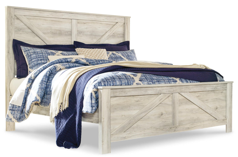 Bellaby King Crossbuck Panel Bed with Mirrored Dresser in Whitewash - PKG004698
