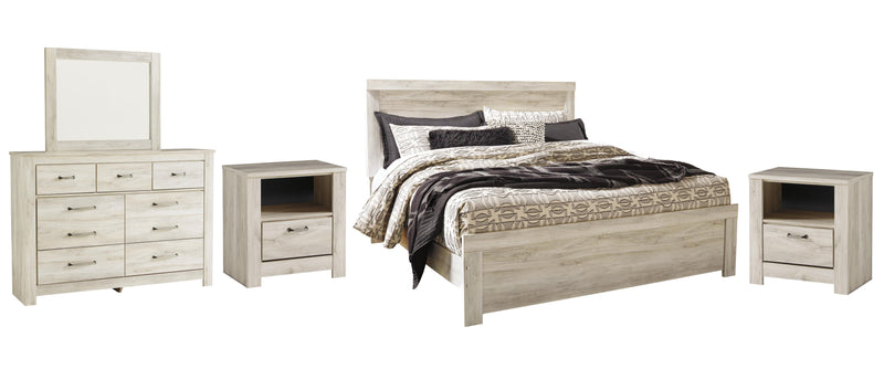 Bellaby King Panel Bed with Mirrored Dresser and 2 Nightstands in Whitewash - PKG004732