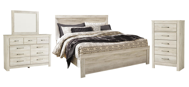 Bellaby King Panel Bed with Mirrored Dresser and Chest in Whitewash - PKG004735