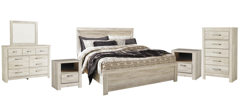 Bellaby King Panel Bed with Mirrored Dresser, Chest and 2 Nightstands in Whitewash - PKG004742