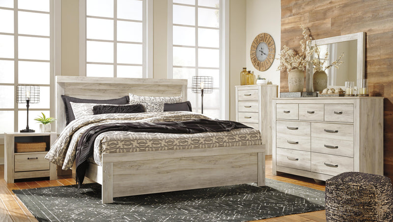 Bellaby King Panel Bed with Mirrored Dresser, Chest and 2 Nightstands in Whitewash - PKG004742