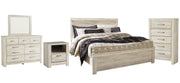 Bellaby King Panel Bed with Mirrored Dresser, Chest and Nightstand in Whitewash - PKG004738