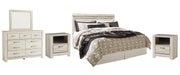 Bellaby King Panel Headboard Bed with Mirrored Dresser and 2 Nightstands in Whitewash - PKG004649