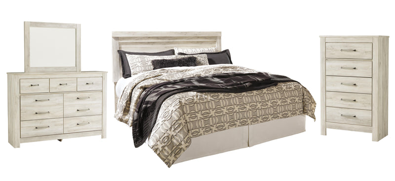 Bellaby King Panel Headboard Bed with Mirrored Dresser and Chest in Whitewash - PKG004650