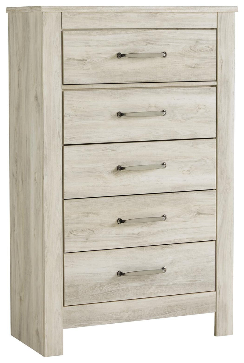 Bellaby King Panel Headboard Bed with Mirrored Dresser and Chest in Whitewash - PKG004650