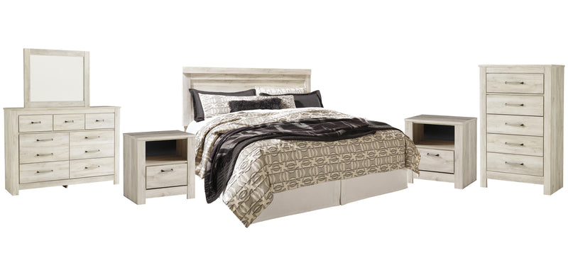 Bellaby King Panel Headboard Bed with Mirrored Dresser, Chest and 2 Nightstands in Whitewash - PKG004655