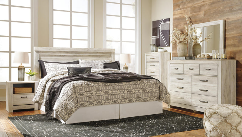 Bellaby King Panel Headboard Bed with Mirrored Dresser, Chest and 2 Nightstands in Whitewash - PKG004655