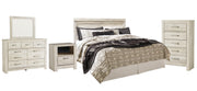 Bellaby King Panel Headboard Bed with Mirrored Dresser, Chest and Nightstand in Whitewash - PKG004652