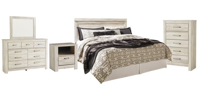 Bellaby King Panel Headboard Bed with Mirrored Dresser, Chest and Nightstand in Whitewash - PKG004652