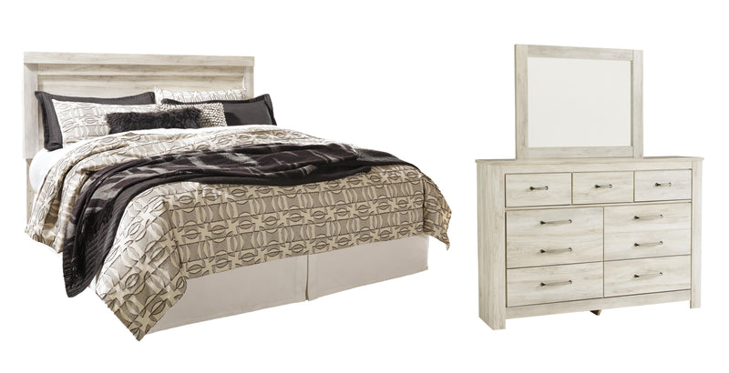 Bellaby King Panel Headboard Bed with Mirrored Dresser in Whitewash - PKG004648