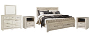 Bellaby King Platform Bed with 2 Storage Drawers with Mirrored Dresser and 2 Nightstands in Whitewash - PKG004751