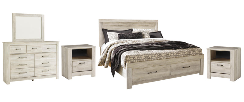 Bellaby King Platform Bed with 2 Storage Drawers with Mirrored Dresser and 2 Nightstands in Whitewash - PKG004751