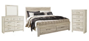 Bellaby King Platform Bed with 2 Storage Drawers with Mirrored Dresser and Chest in Whitewash - PKG004755