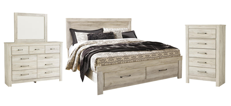 Bellaby King Platform Bed with 2 Storage Drawers with Mirrored Dresser and Chest in Whitewash - PKG004755