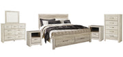 Bellaby King Platform Bed with 2 Storage Drawers with Mirrored Dresser, Chest and 2 Nightstands in Whitewash - PKG004762