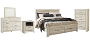 Bellaby King Platform Bed with 2 Storage Drawers with Mirrored Dresser, Chest and Nightstand in Whitewash - PKG004758