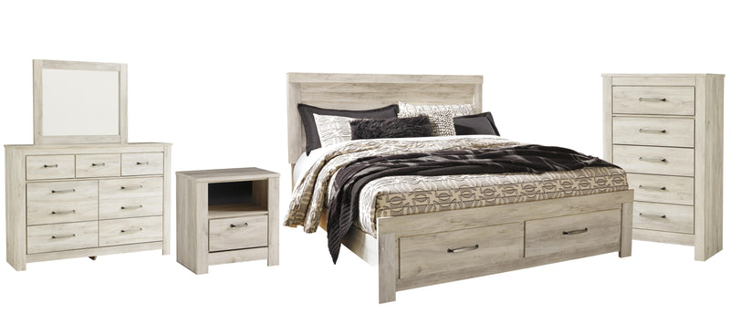 Bellaby King Platform Bed with 2 Storage Drawers with Mirrored Dresser, Chest and Nightstand in Whitewash - PKG004758