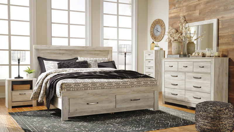 Bellaby King Platform Bed with 2 Storage Drawers with Mirrored Dresser, Chest and Nightstand in Whitewash - PKG004758