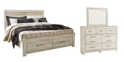 Bellaby King Platform Bed with 2 Storage Drawers with Mirrored Dresser in Whitewash - PKG004746