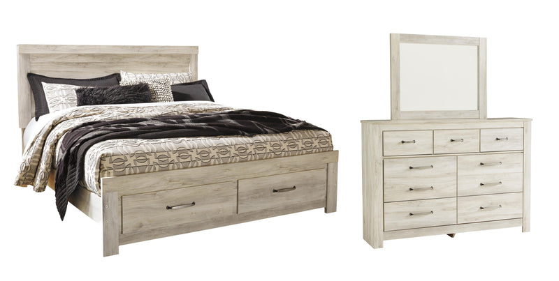 Bellaby King Platform Bed with 2 Storage Drawers with Mirrored Dresser in Whitewash - PKG004746