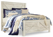 Bellaby Queen Crossbuck Panel Bed with Mirrored Dresser and Chest in Whitewash - PKG004727