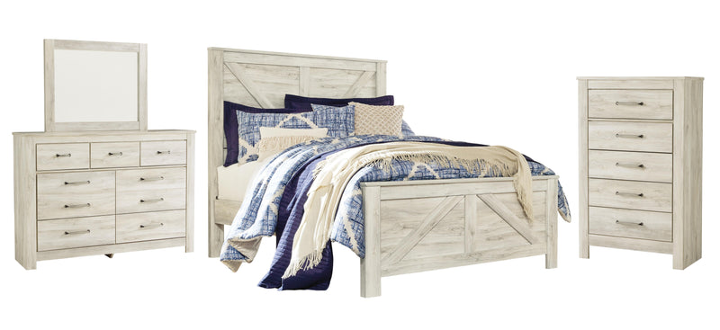 Bellaby Queen Crossbuck Panel Bed with Mirrored Dresser and Chest in Whitewash - PKG004727